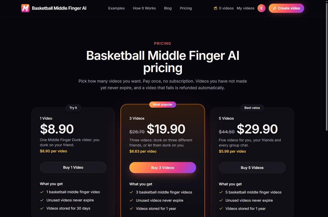 Basketball Middle Finger AI video packs on the pricing page